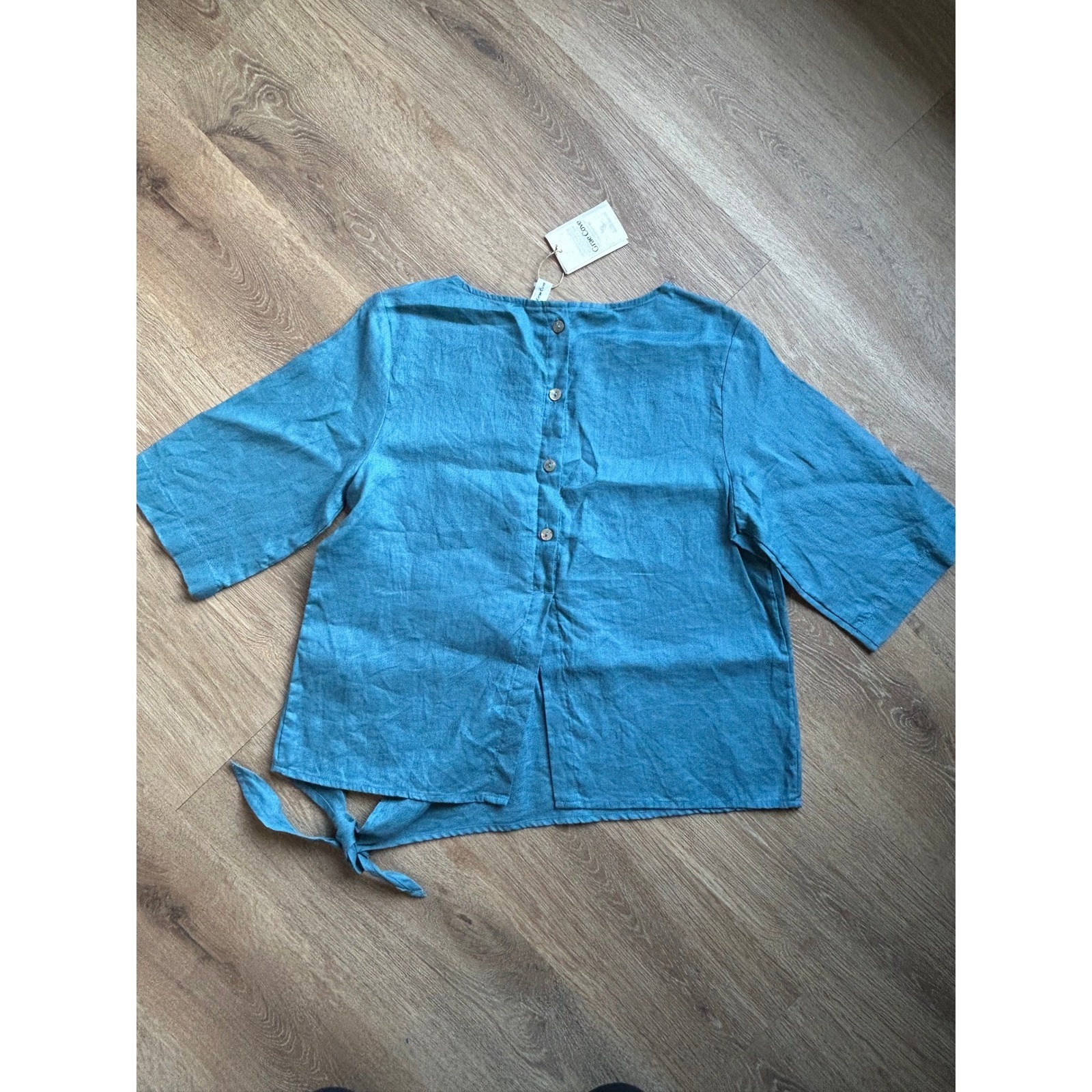 Grae Cove 100% Linen Nwt Side Tie Top Teal Blue Button Down Blouse M — image 5 of 8